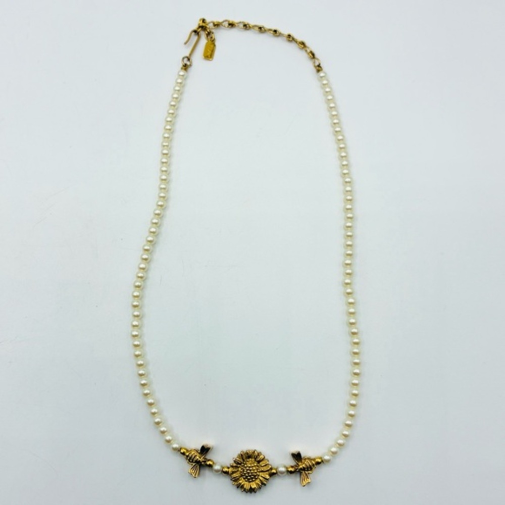 Vintage 1928 Gold Tone Faux Pearl Necklace Bees  Sunflower